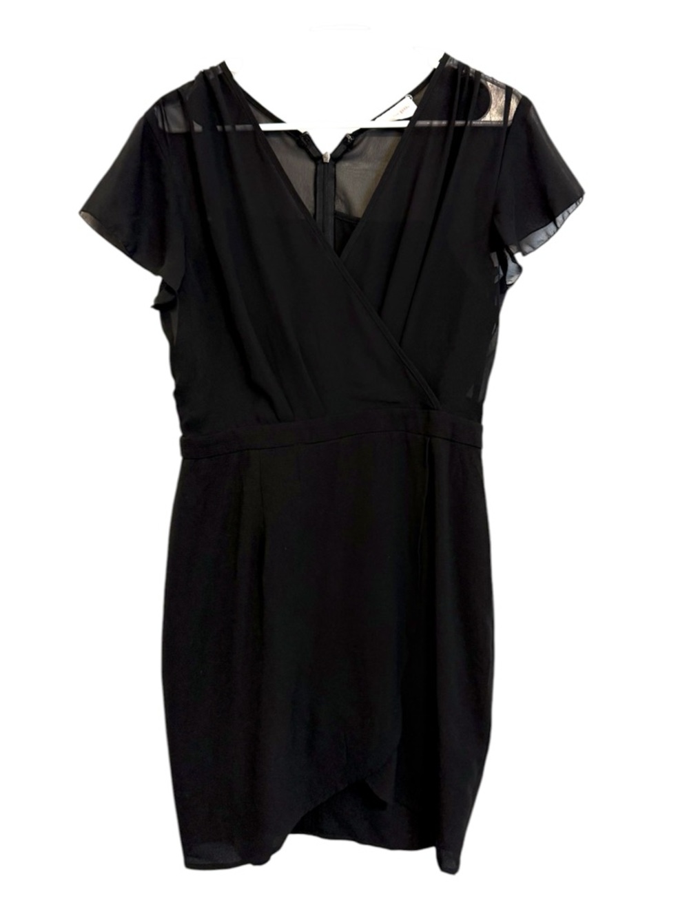 Showpo Black Wrap Mini Dress Size 8 Flutter Sleeve Sheer Overlay Cocktail Party